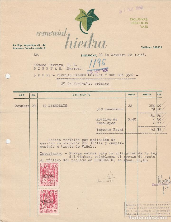 Factures anciennes: FACTURA. COMERCIAL HIEDRA. BARCELONA. 1956.