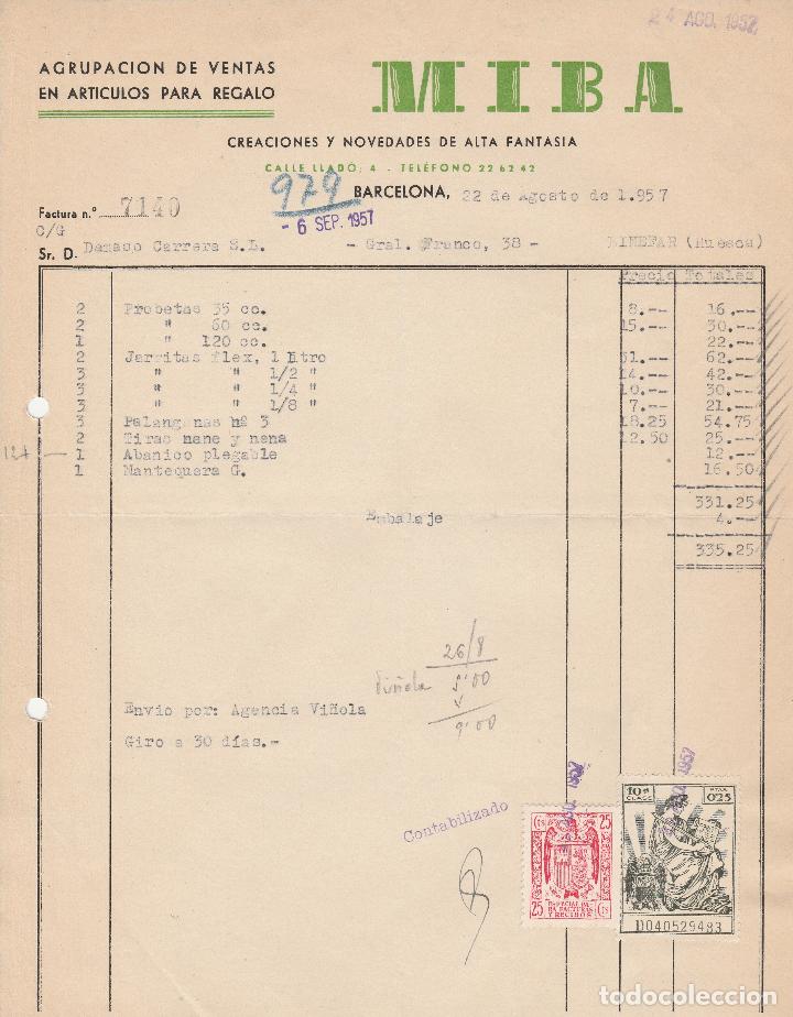 Factures anciennes: FACTURA. M.I.B.A. CREACIONES Y NOVEDADES DE ALTA FANTASIA. BARCELONA. 1957.