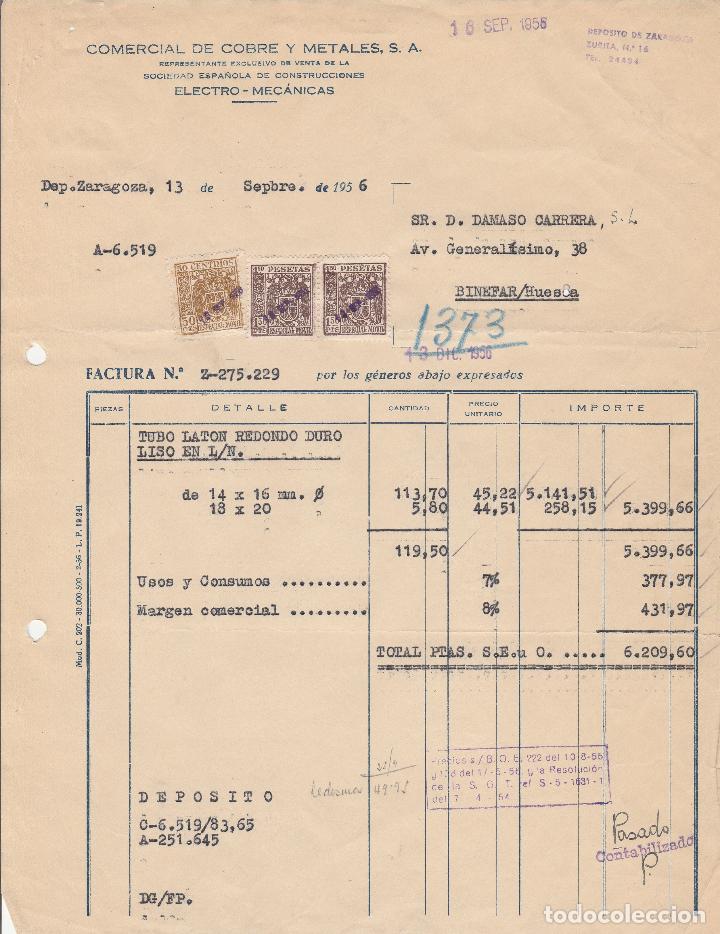 Factures anciennes: FACTURA. COMERCIAL DE COBRE Y METALES, S.A. ZARAGOZA. 1956.