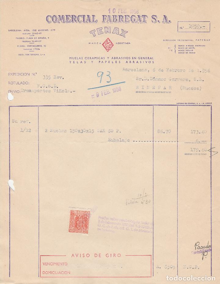 Factures anciennes: FACTURA. COMERCIAL FABREGAT S.A. TENAX. TELAS Y PAPELES ABRASIVOS. BARCELONA. 1956.