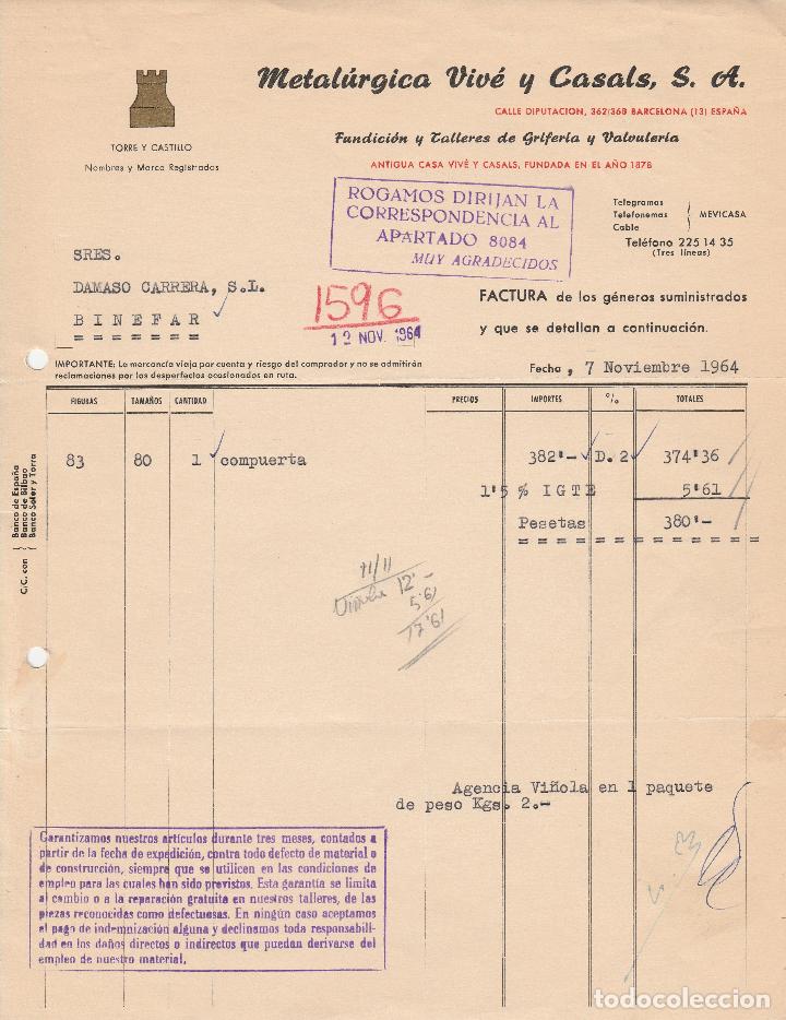 Factures anciennes: FACTURA. METAL&Uacute;RGICA VIV&Eacute; Y CASAL S.A  BARCELONA. 1964