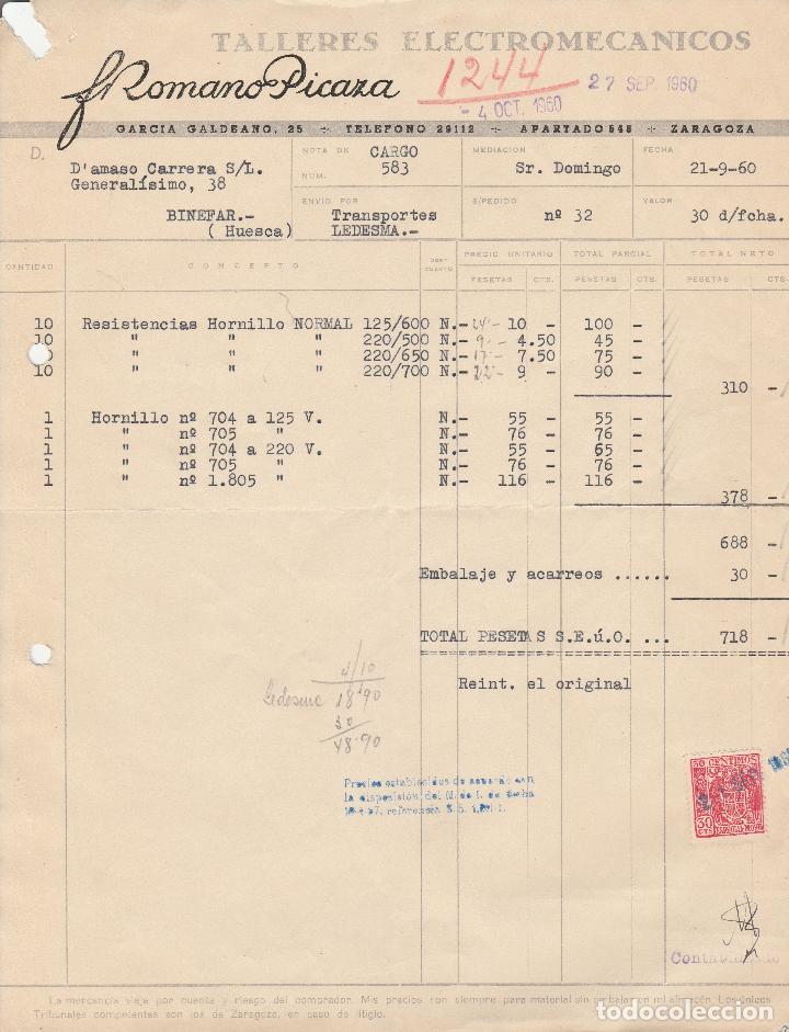 Factures anciennes: FACTURA. FROMANO PICAZA. TALLERES ELECTROMEC&Aacute;NICOS. ZARAGOZA.1960.