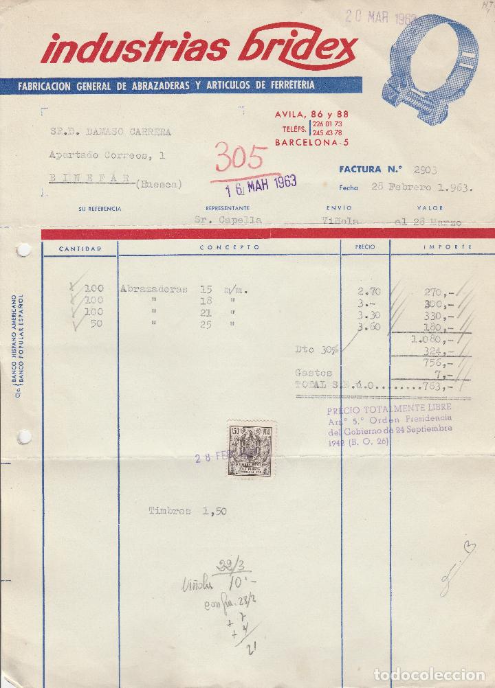 Factures anciennes: FACTURA. INDUSTRIAS BRIDEX. BARCELONA. 1963.