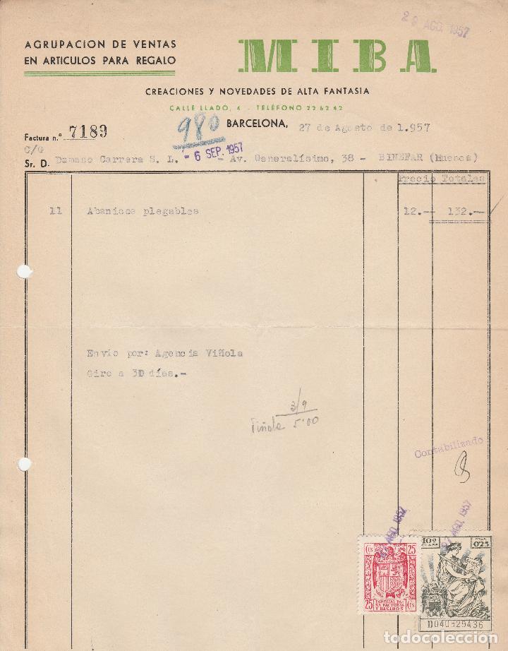 Factures anciennes: FACTURA. M.I.B.A. CREACIONES Y NOVEDADES DE ALTA FANTASIA. BARCELONA. 1957.
