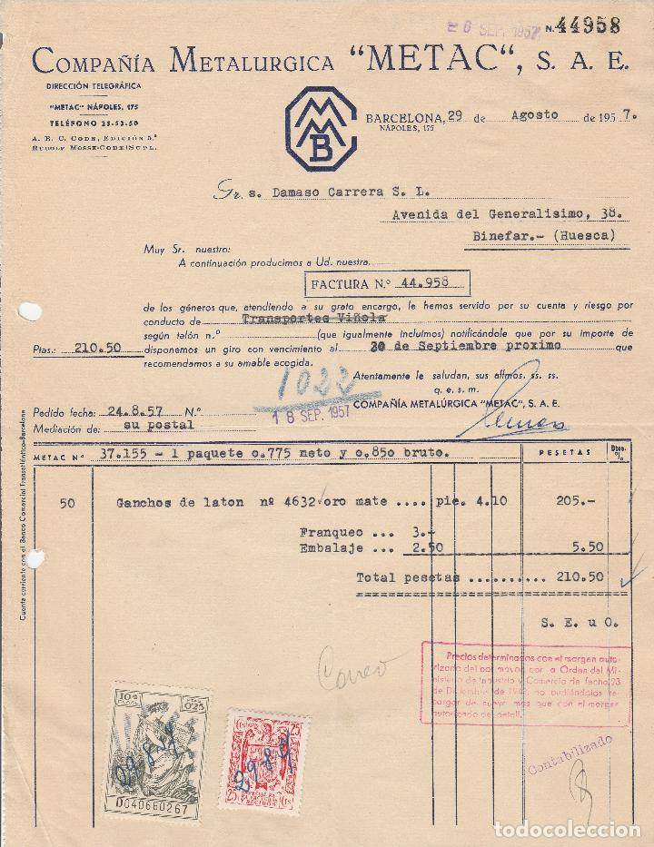 Factures anciennes: FACTURA. COMPA&Ntilde;&Iacute;A METALURGICA  METAC, S.A.E.  BARCELONA. 1957.