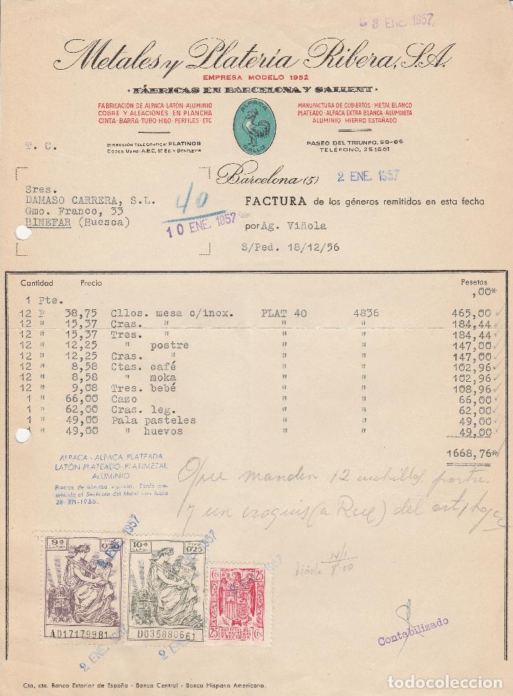 Factures anciennes: FACTURA. METALES Y PLATER&Iacute;A RIBERA, S.A. BARCELONA. 1957.