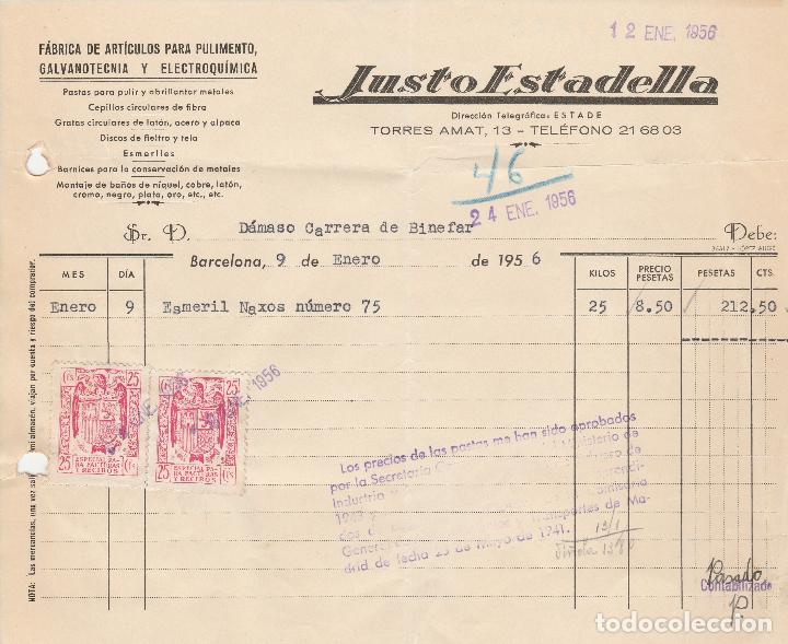 Factures anciennes: FACTURA. JUSTO ESTADELLA. F&Aacute;BRICA DE ART&Iacute;CULOS PARA PULIMENTO. GALVANOTECNIA . BARCELONA. 1956.
