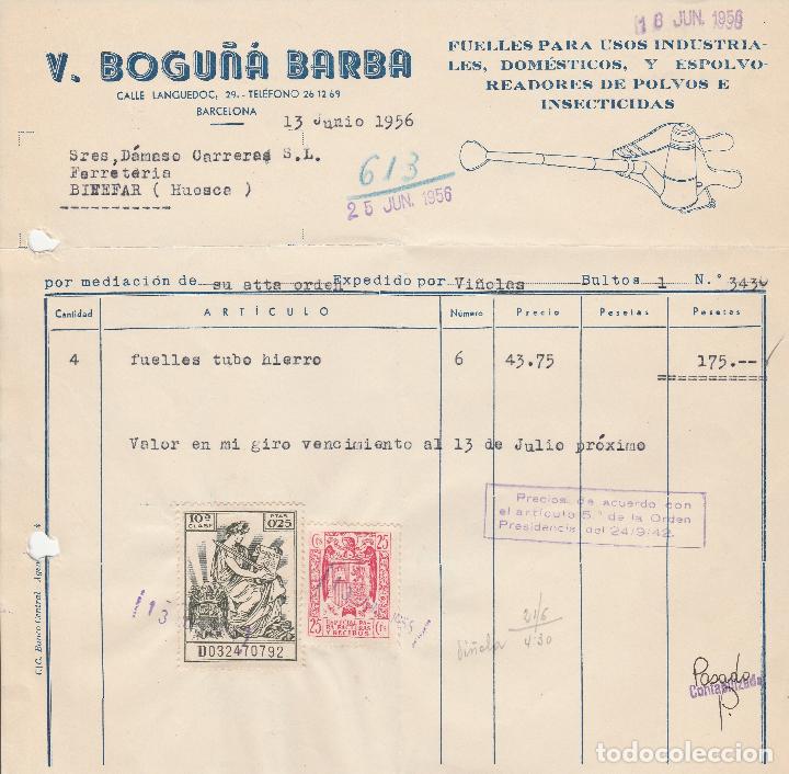 Factures anciennes: FACTURA. V.BOGU&Ntilde;&Aacute; BARBA. FUELLES PARA USOS INDUSTRIALES. DOM&Eacute;STICOS . BARCELONA. 1956.