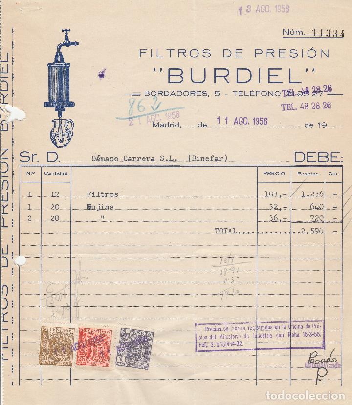 Factures anciennes: FACTURA. FILTROS DE PRESI&Oacute;N. BURDIEL. MADRID. 1956.