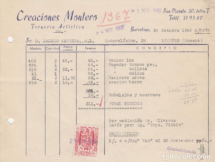 Factures anciennes: FACTURA. CREACIONES MONTERO. TORNER&Iacute;A ART&Iacute;TICA. BARCELONA. 1960.