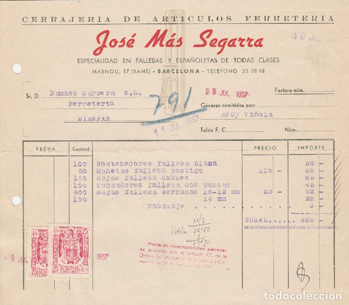 Factures anciennes: FACTURA. JOS&Eacute; M&Aacute;S SEGARRA.  BARCELONA. 1957.