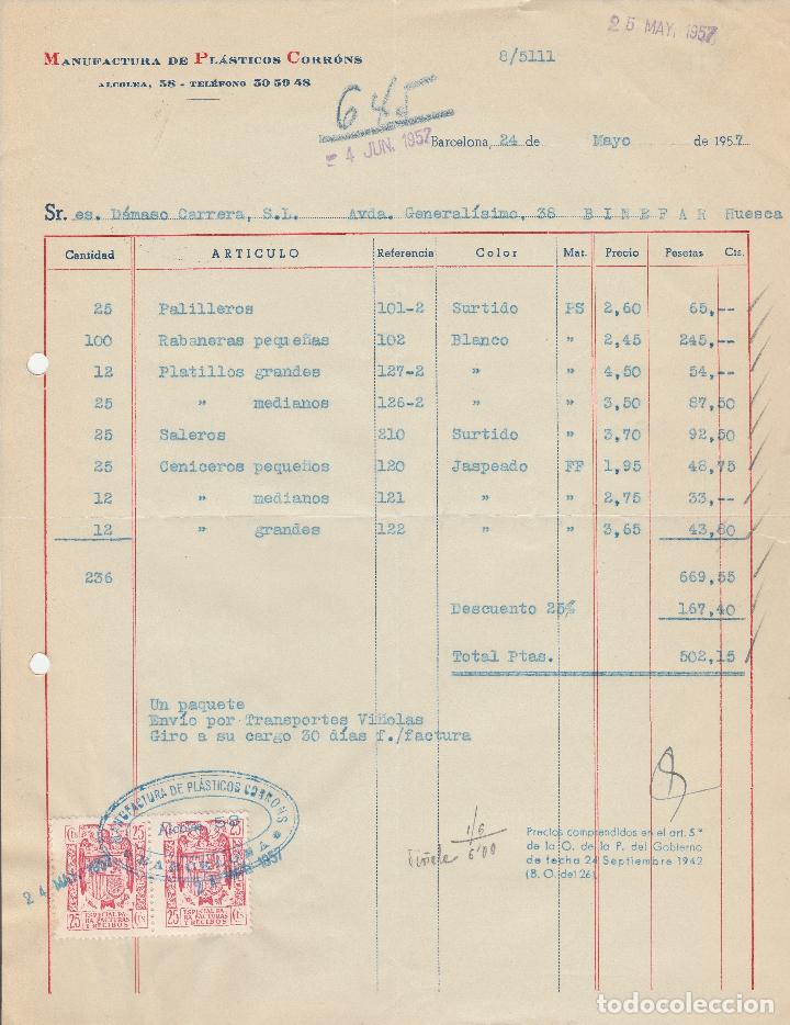Alte Rechnungen: FACTURA. MANUFACTURA DE PL&Aacute;STICOS CORRONS. BARCELONA. 1957.
