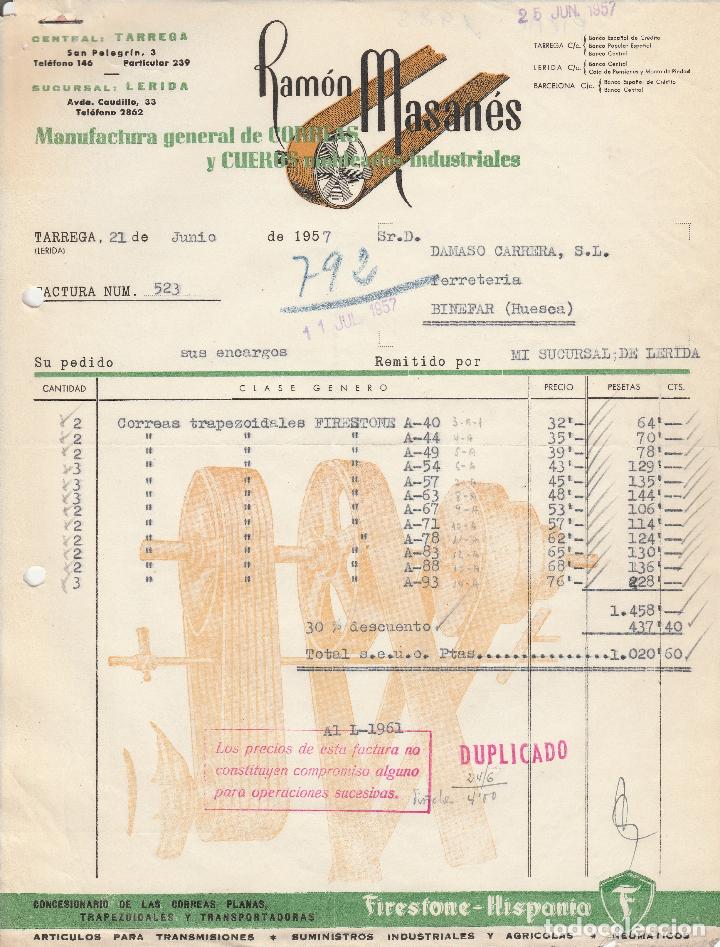 Alte Rechnungen: FACTURA. RAM&Oacute;N MASAN&Eacute;S. MANUFACTURAS GENERAL DE CORREAS Y CUEROS. TARREGA. 1957.