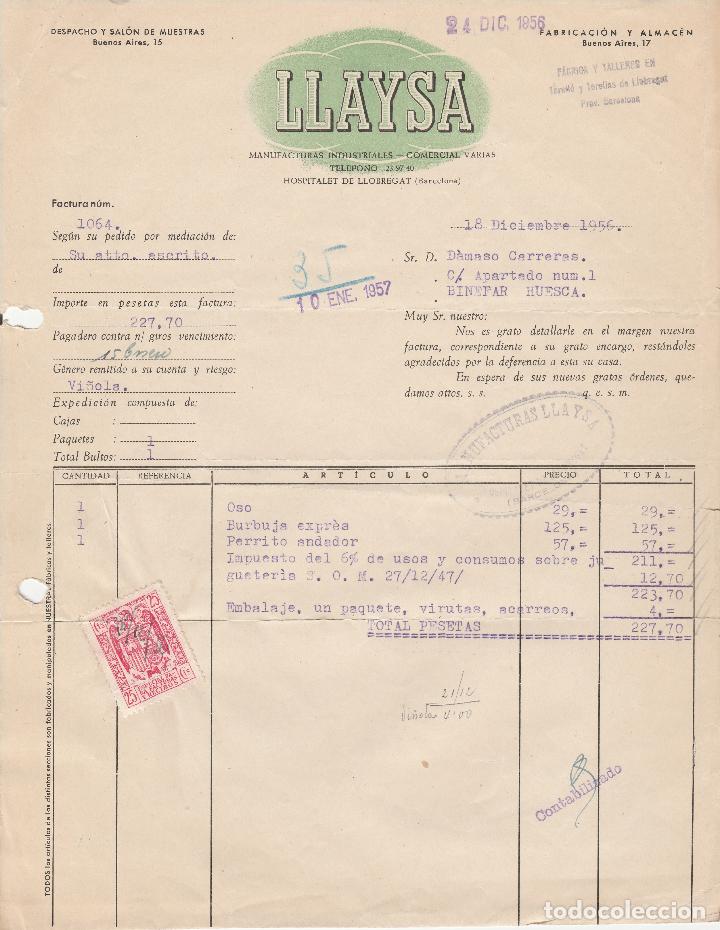 Alte Rechnungen: FACTURA. LLAYSA. MANUFACTURAS INDUSTRIALES. HOSPITALET DE LLOBREGAT. 1956.