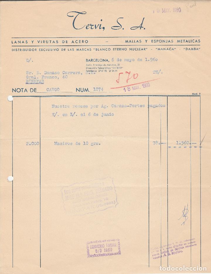 Alte Rechnungen: FACTURA. TERVI, S.L. LANAS Y VIRUTAS DE ACERO. BARCELONA. 1960.