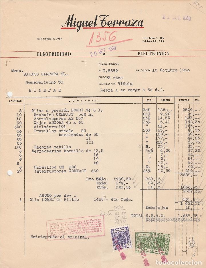 Alte Rechnungen: FACTURA. MIGUEL TERRAZA. ELECTRICIDAD. BARCELONA. 1960.