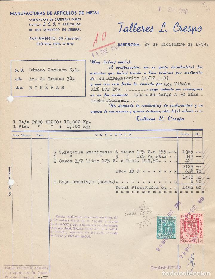 Alte Rechnungen: FACTURA. TALLERES L. CRESPO. BARCELONA. 1959.