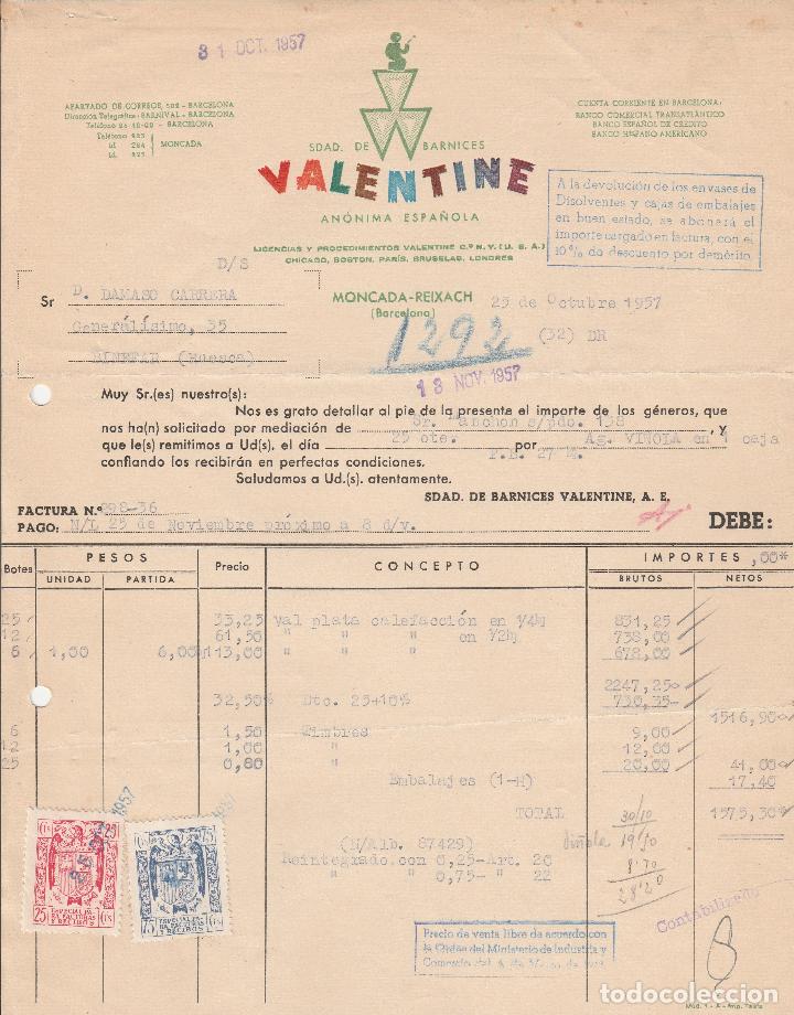 Alte Rechnungen: FACTURA. SDA. DE BARNICES VALENTINE AN&Oacute;NIMA ESPA&Ntilde;OLA. MONCADA-BARCELONA. 1957.