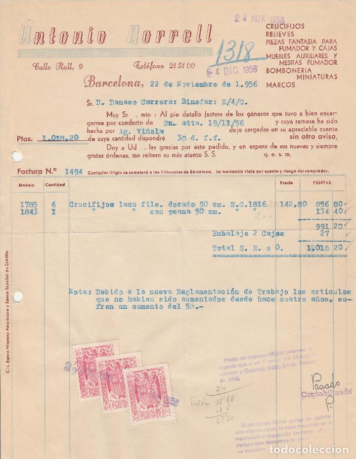 Alte Rechnungen: FACTURA. ANTONIO BORRELL. CRUCIFIJOS, RELIEVES. BARCELONA. 1956.
