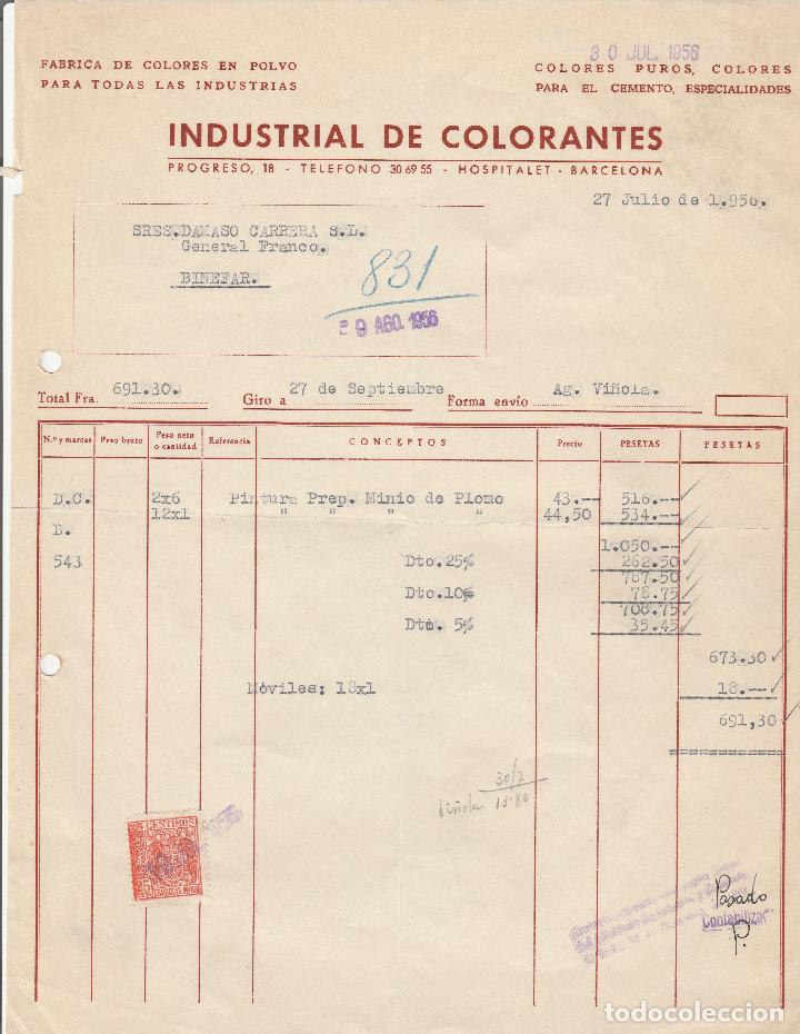 Alte Rechnungen: FACTURA. INDUSTRIAL DE COLORANTES. HOSPITALET-BARCELONA. 1956.