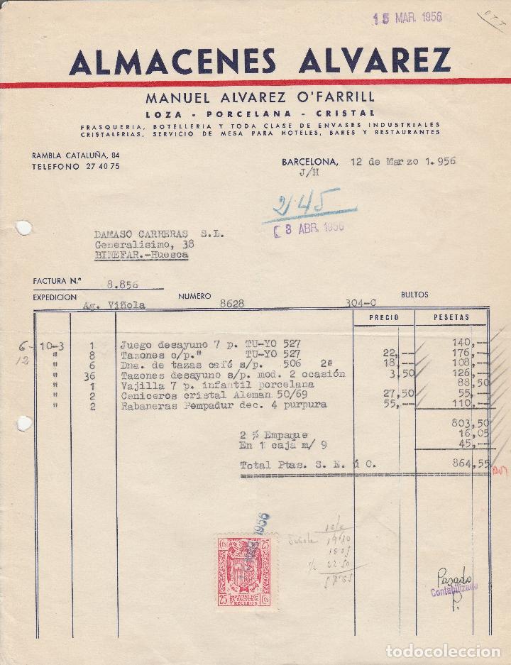 Alte Rechnungen: FACTURA. ALMACENES ALVAREZ. MANUEL ALVAREZ O`FARRILL. BARCELONA. 1956.