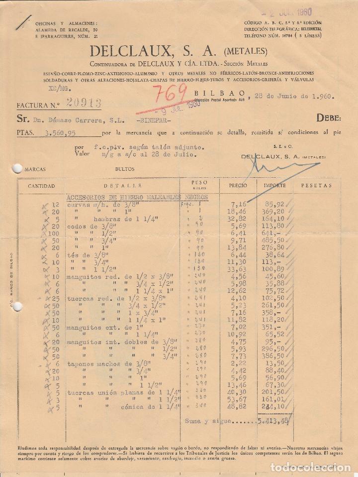 Alte Rechnungen: FACTURA. DELCLAUX, S.A. METALES.  BILBAO. 1960.