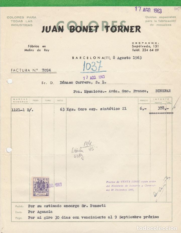 Alte Rechnungen: FACTURA. JUAN BONET TORNER. BARCELONA. 1963.