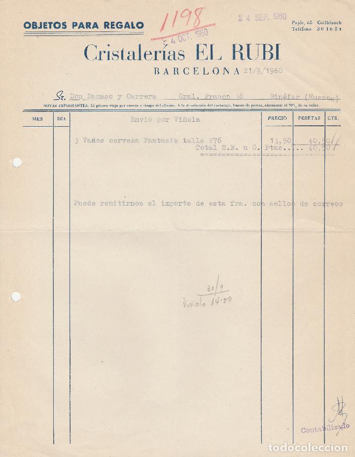 Alte Rechnungen: FACTURA. CRISTALERIAS  EL RUBI.  BARCELONA. 1960.