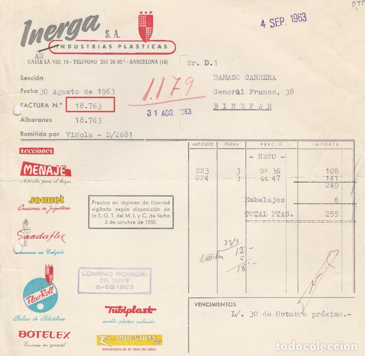 Alte Rechnungen: FACTURA. INERGA S.A. INDUSTRIAS PLASTICAS. BARCELONA. 1963.