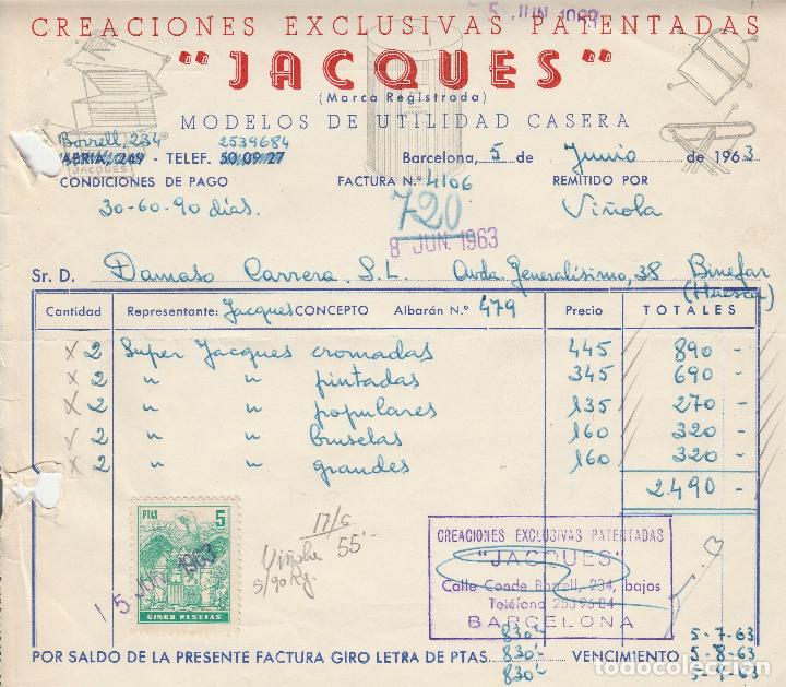 Alte Rechnungen: FACTURA. JACQUES. CREACIONES EXCLUSIVAS PATENTADAS. BARCELONA. 1963.