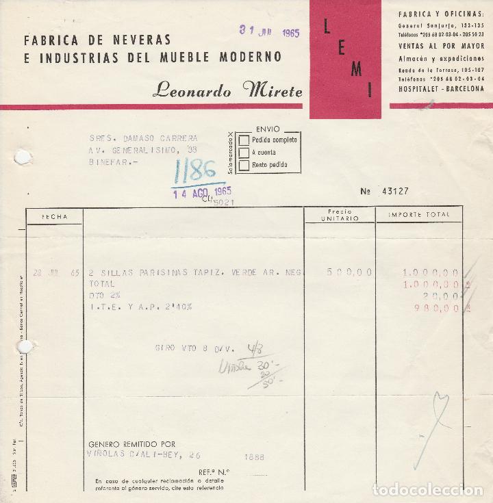 Alte Rechnungen: FACTURA. LEONARDO MIRETE. FABRICA DE NEVERAS. HOSPITALET-BARCELONA. 1965.