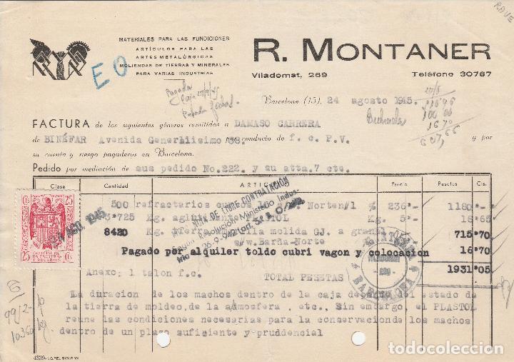 Alte Rechnungen: FACTURA. R.MONTANER. MATERIALES PARA LAS FUNDICIONES. BARCELONA. 1945.
