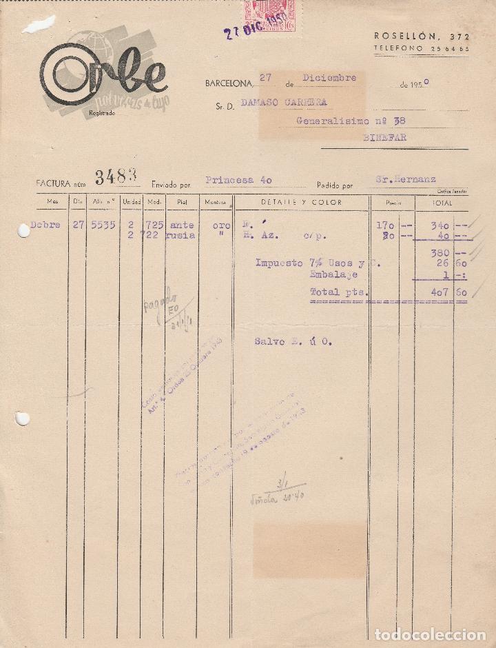 Alte Rechnungen: FACTURA. ORBE POLVERAS DE LUJO.  BARCELONA. 1950.