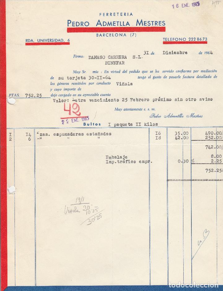 Alte Rechnungen: FACTURA. FERRETERIA PEDRO ADMETLLA MESTRES. BARCELONA. 1964.
