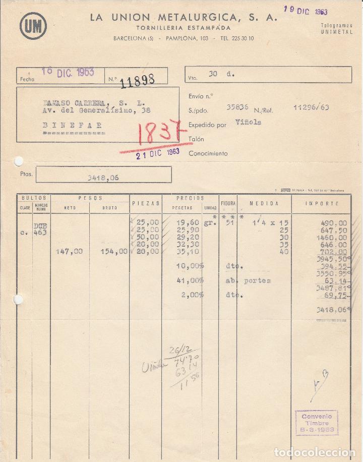Alte Rechnungen: FACTURA. LA UNI&Oacute;N METAL&Uacute;RGICA, S.A. TORNILLERIA ESTAMPADA. BARCELONA. 1963.