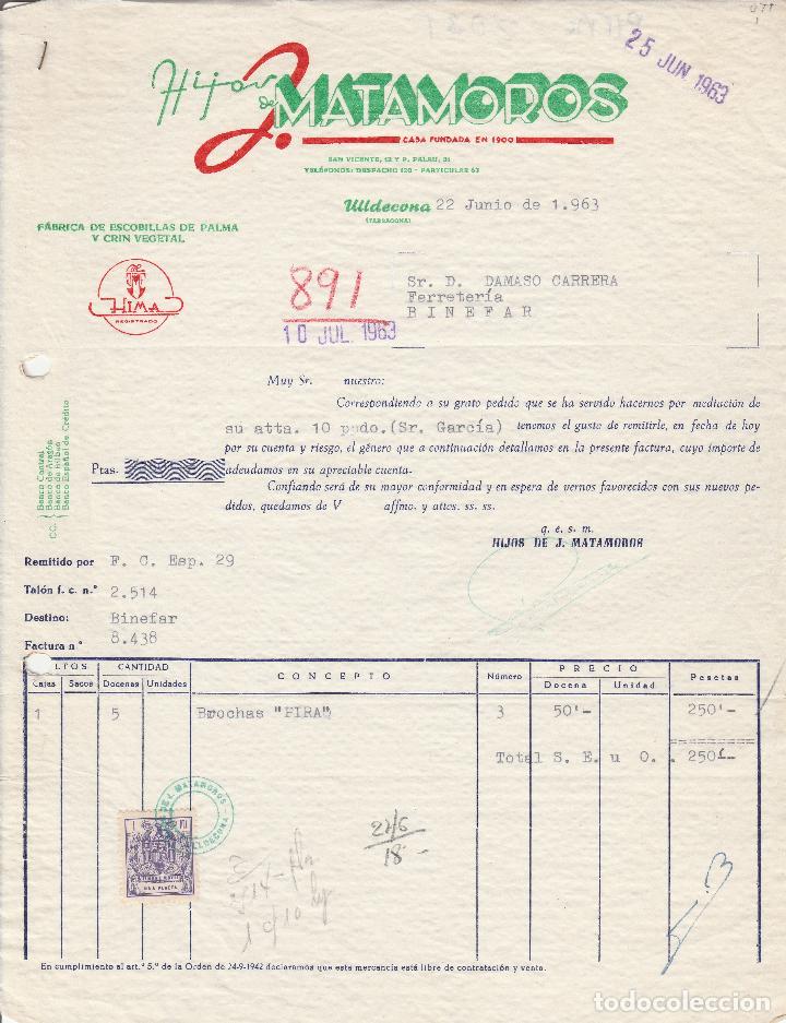 Alte Rechnungen: FACTURA. HIJOS DE MATAMOROS. F&Aacute;BRICA DE ESCOBILLAS DE PALMA. ULLDECONA-TARRAGONA. 1963.