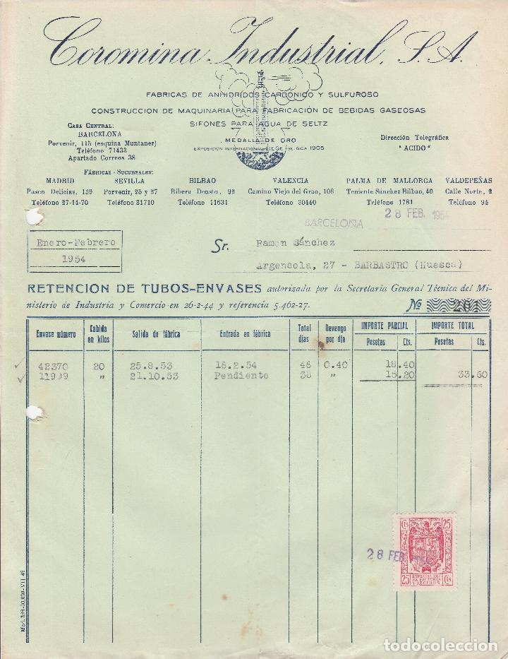 Alte Rechnungen: FACTURA. COROMINA INDUSTRIAL, S.A. ZARAGOZA. 1954.