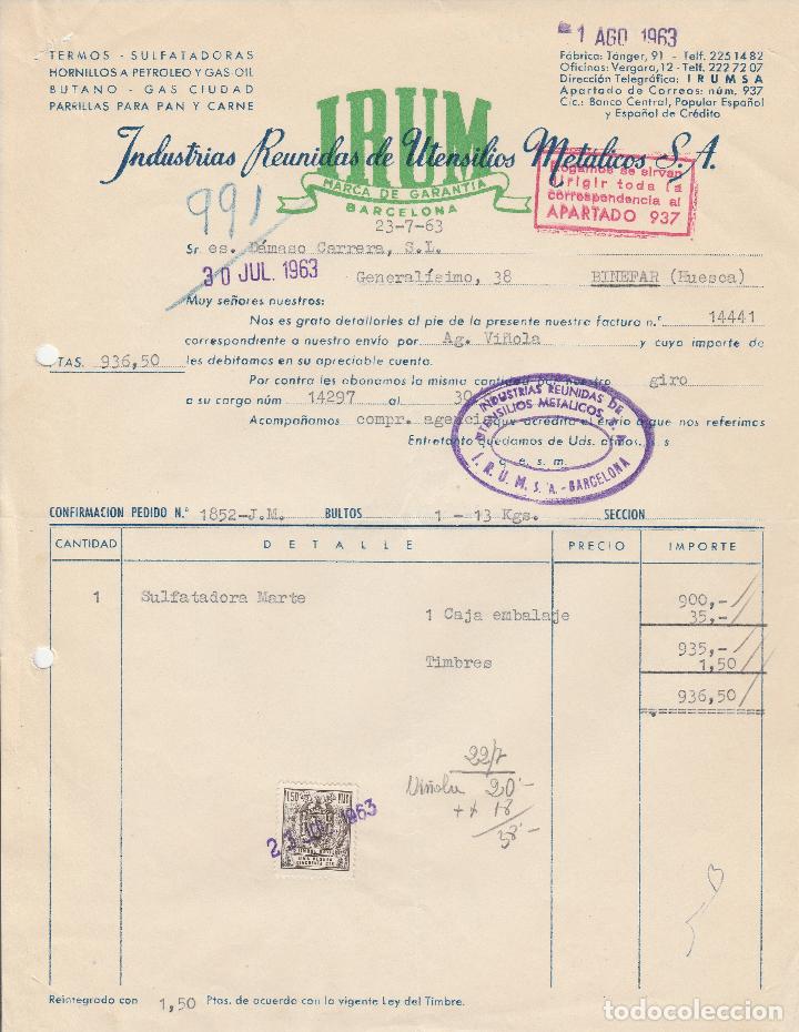 Factures anciennes: FACTURA. INDUSTRIAS REUNIDAS DE UTENSILIOS MET&Aacute;LICOS, S.A. BARCELONA. 1963.