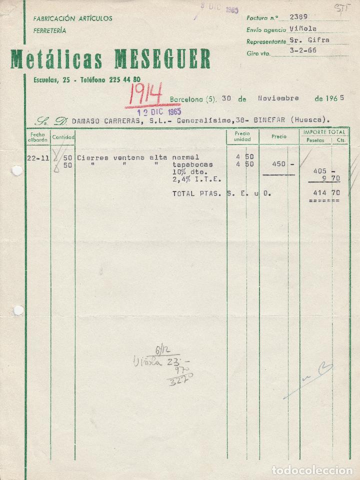 Factures anciennes: FACTURA. MET&Aacute;LICAS MESEGUER. BARCELONA. 1965.