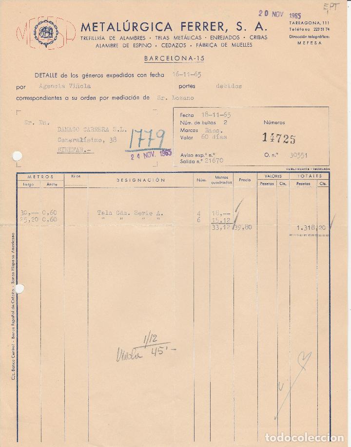 Factures anciennes: FACTURA. METAL&Uacute;RGICA FERRER, S.A. BARCELONA. 1965.