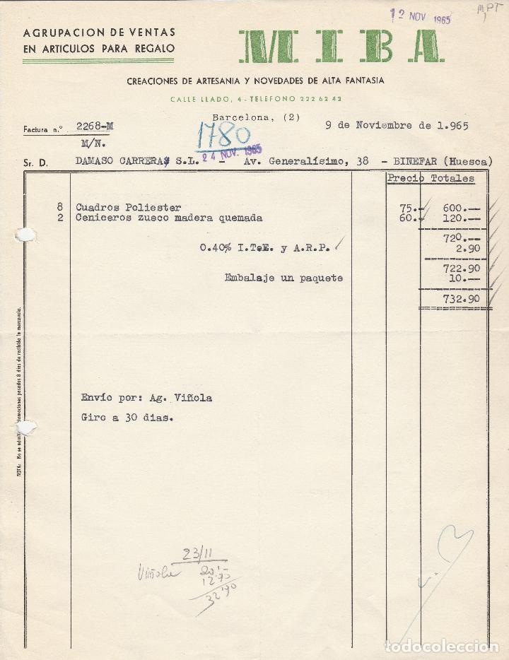 Factures anciennes: FACTURA. M.I.B.A. CREACIONES Y NOVEDADES DE ALTA FANTASIA. BARCELONA. 1965.