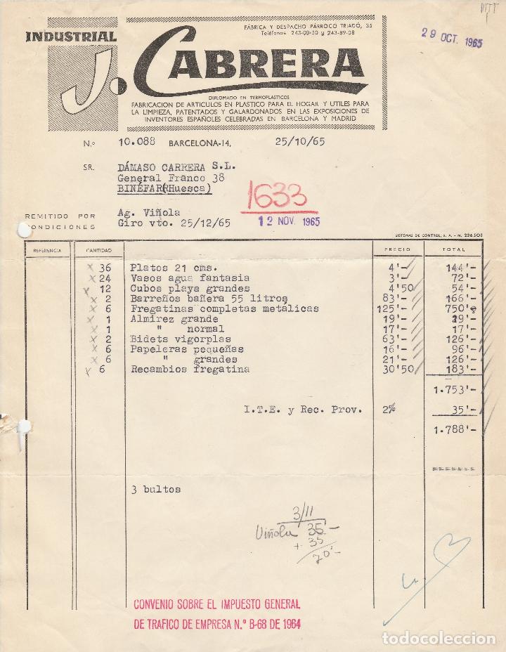 Factures anciennes: FACTURA. INDUSTRIAL J. CABRERA. BARCELONA. 1965.