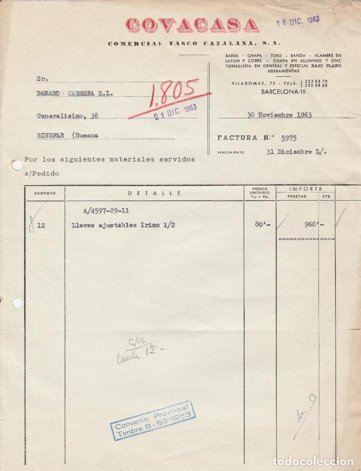 Factures anciennes: FACTURA. COVACASA. COMERCIAL VASCO CATALANA, S.A.  BARCELONA.  1963.