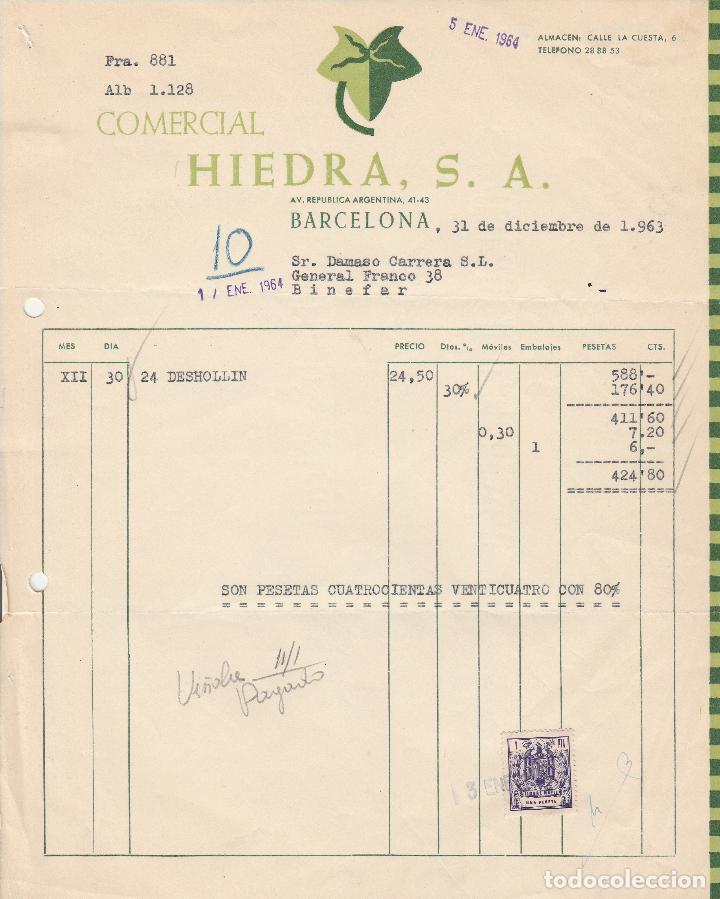 Factures anciennes: FACTURA. COMERCIAL HIEDRA, S.A. BARCELONA. 1963.
