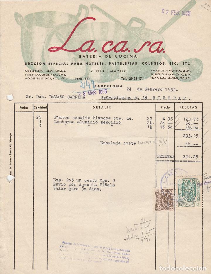 Factures anciennes: FACTURA. LA.CA.SA. BATER&Iacute;A DE COCINA. BARCELONA. 1955.