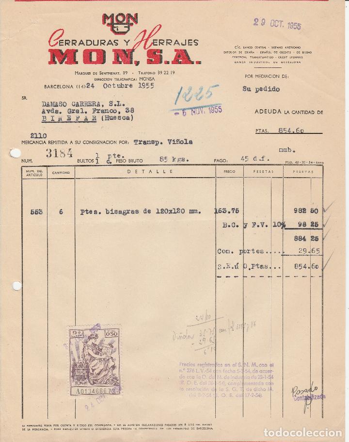 Factures anciennes: FACTURA. CERRADURAS Y HERRAJES. MON, S.A. BARCELONA. 1955.
