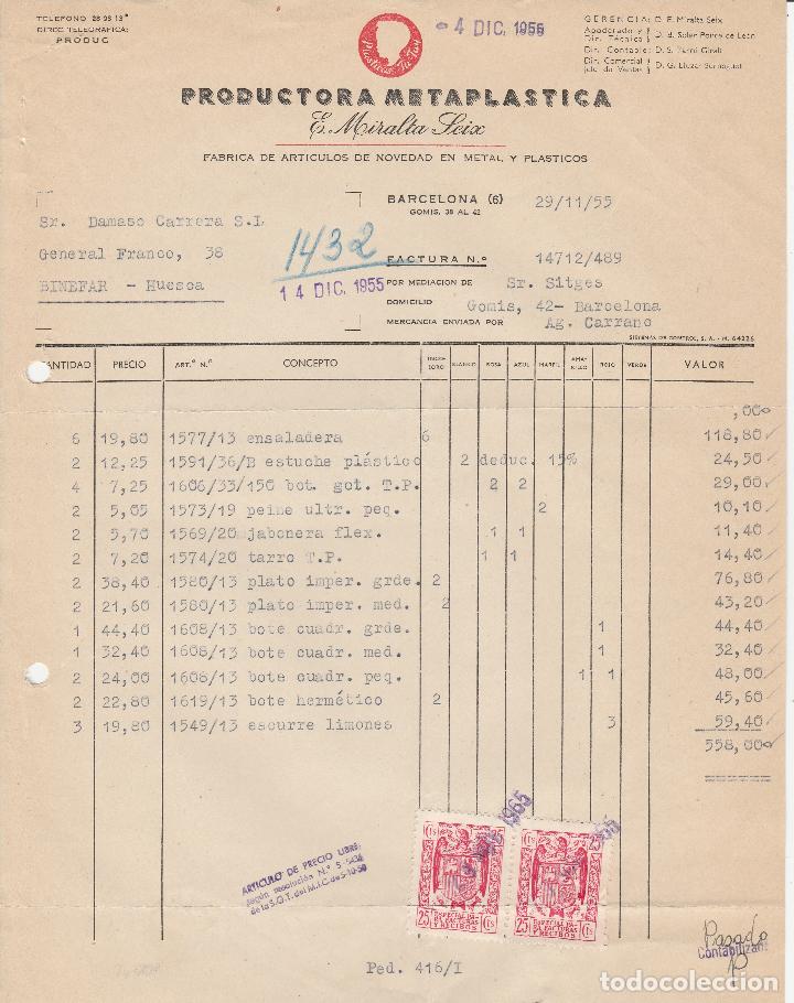 Factures anciennes: FACTURA. PRODUCTORA METAPLASTICA. E. MIRALTA SEIX. BARCELONA. 1955.