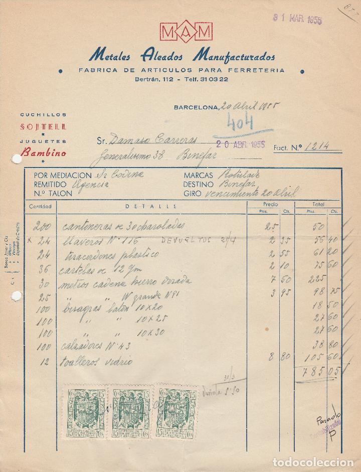 Factures anciennes: FACTURA. METALES ALEADOS MANUFACTURADOS. F&Aacute;BRICA ART&Iacute;CULOS FERRETER&Iacute;A. BARCELONA. 1955.