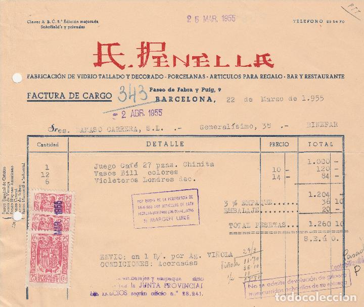 Factures anciennes: FACTURA. A.PENELLA. FABRICACI&Oacute;N DE VIDRIO TALLADO Y DECORADO. BARCELONA. 1955.