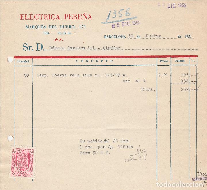 Factures anciennes: FACTURA. EL&Eacute;CTRICA PERE&Ntilde;A. BARCELONA. 1955.